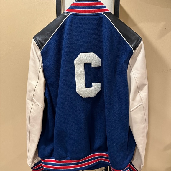 Celine x Hedi C Logo Leather Sleeve Blue Woold Teddy Jacket - Picture 2 of 14